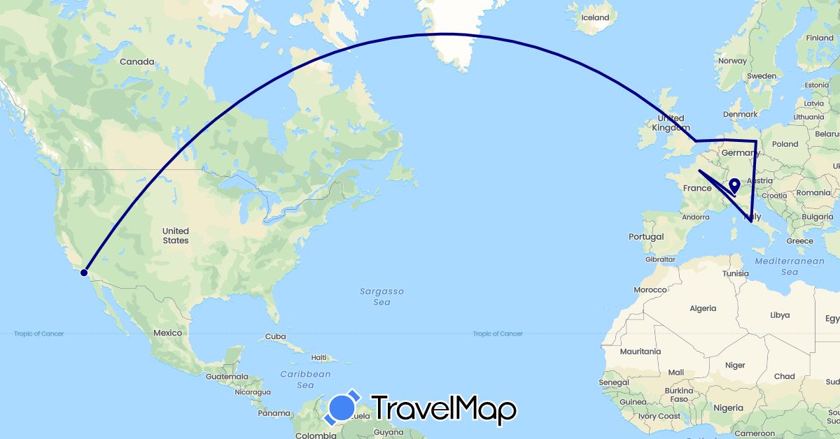 TravelMap itinerary: driving in Germany, France, United Kingdom, Italy, United States, Vatican City (Europe, North America)